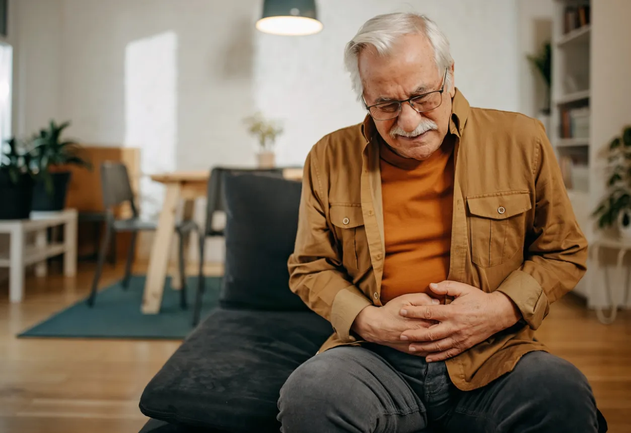 Elderly man clutching his stomach in pain, illustrating symptoms of irritable bowel syndrome (IBS).