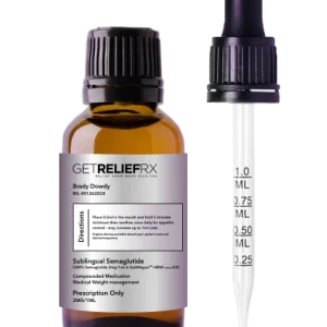 A bottle of Semaglutide next to a medicine dropper.