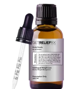 A bottle of sublingual weight loss medication and its delivery dropper.