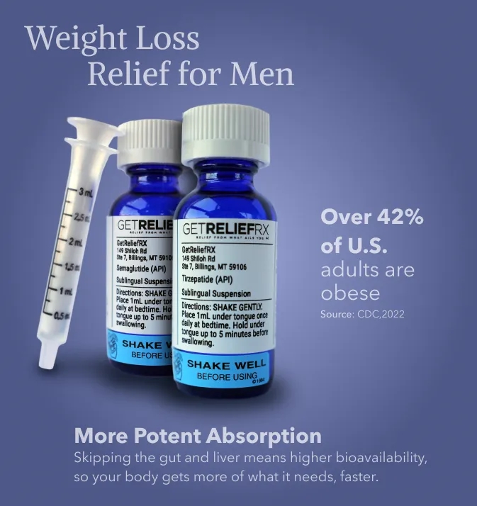 Bottles of GetReliefRX's compounded sublingual Semaglutide and Tirzepatide