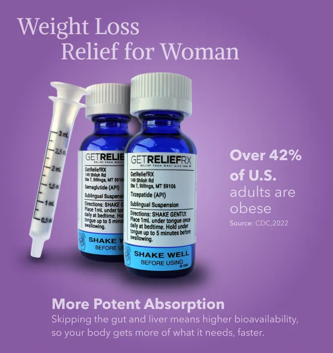 Bottles of GetReliefRX's compounded sublingual Semaglutide and Tirzepatide