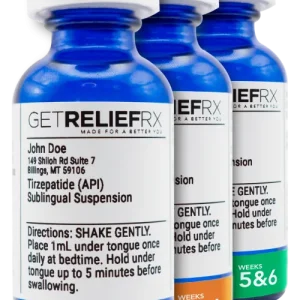 Three blue demo bottles of GetReliefRX's Tirzepatide Sublingual Suspension