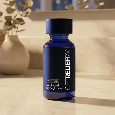 A blue bottle of compounded Semaglutide with a black lid and label.