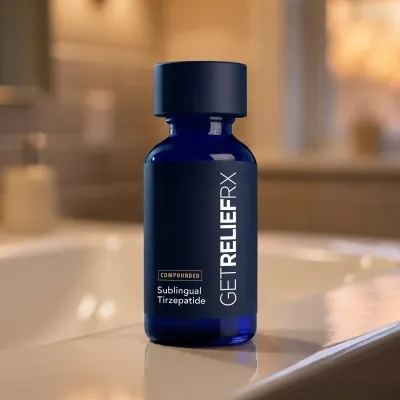 A blue bottle of compounded Tirzepatide with a black lid and label.