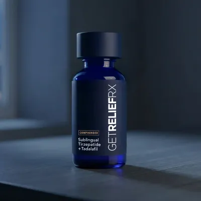 A blue bottle of compounded Tirzepatide and Tadalafil with a black lid and label.