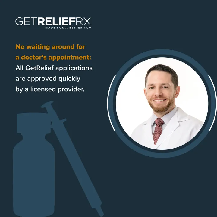 GetReliefRX graphic with provider portrait and message that applications are approved quickly by a licensed provider without waiting for a doctor's appointment.