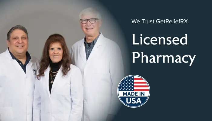 Three smiling pharmacists stand together wearing lab coats. The text reads 