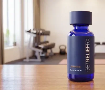 Compounded sermorelin vial by GetReliefRX for metabolic and wellness support in a clinical setting