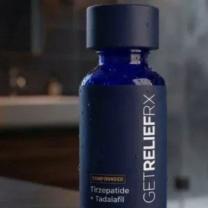 Compounded sublingual tirzepatide with tadalafil medication bottle from GetReliefRX