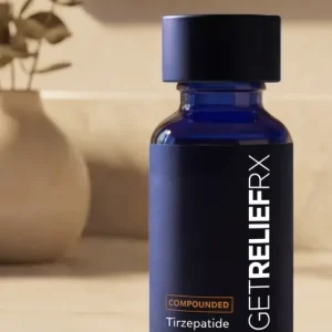 Compounded sublingual tirzepatide medication bottle from GetReliefRX
